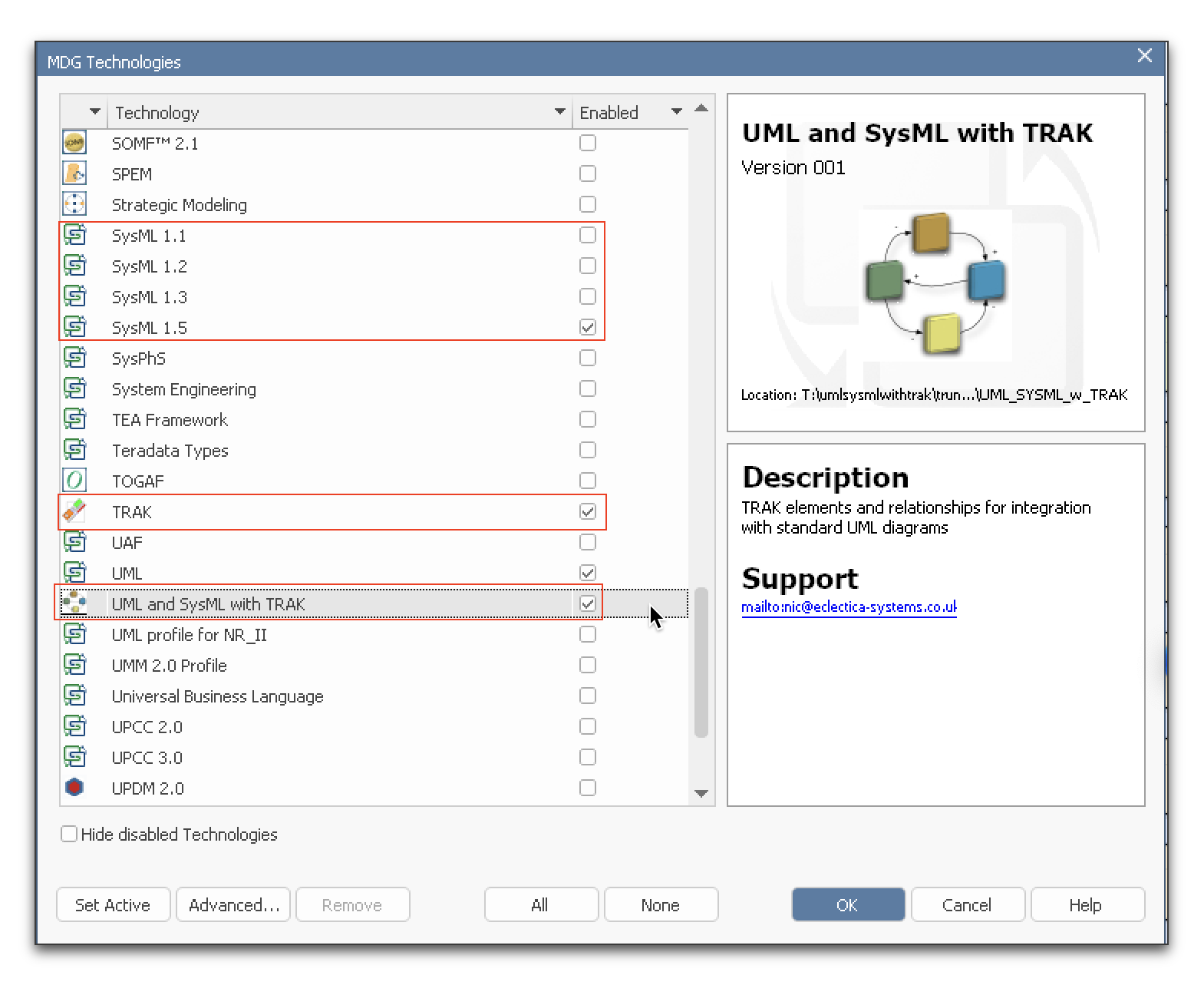The UML/SysML MDG for TRAK is Enabled within Sparx EA - Specialize > Technologies > Manage Technology