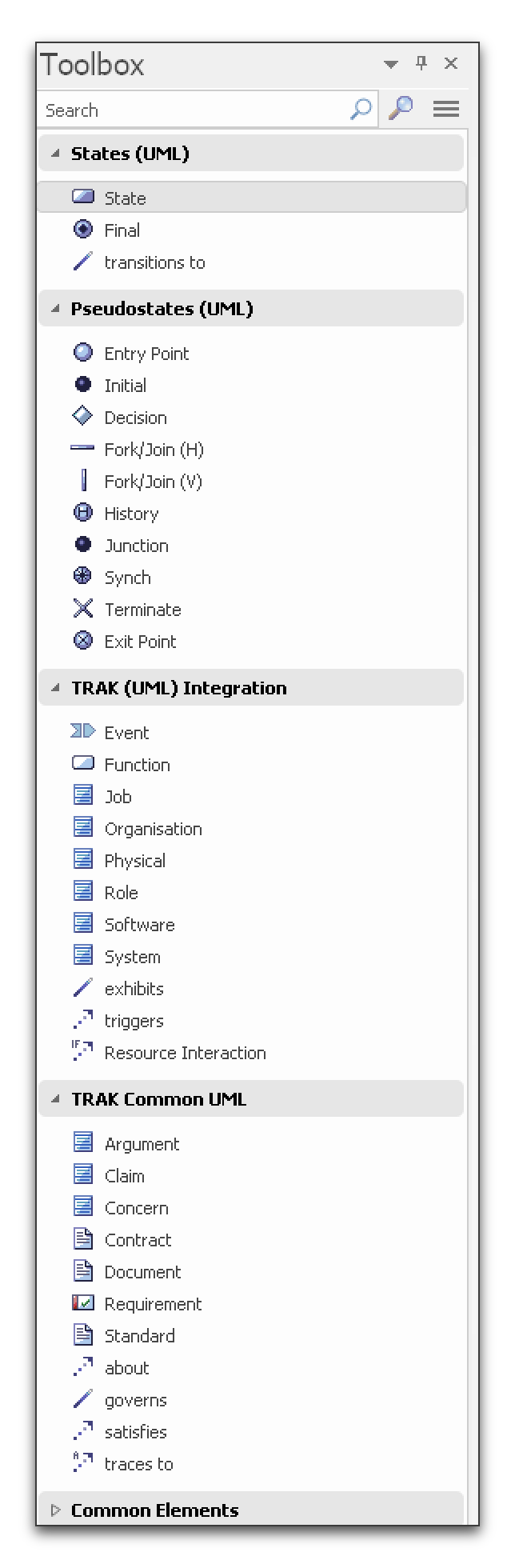 Custom Toolbox Provides the Elements to Create UML State Machine Diagram