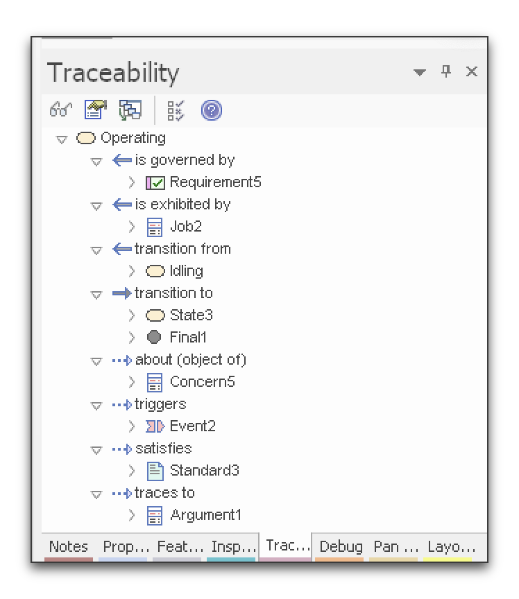 Custom Traceability Panel Labels (Sparx Enterprise Architect) - Operating State Selected